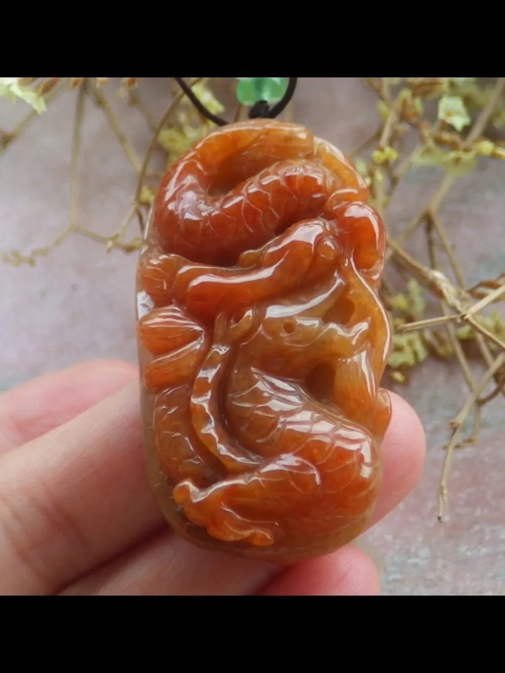 Certificate Jadeite Jade Red orange Wealth Dragon Lotus pendant